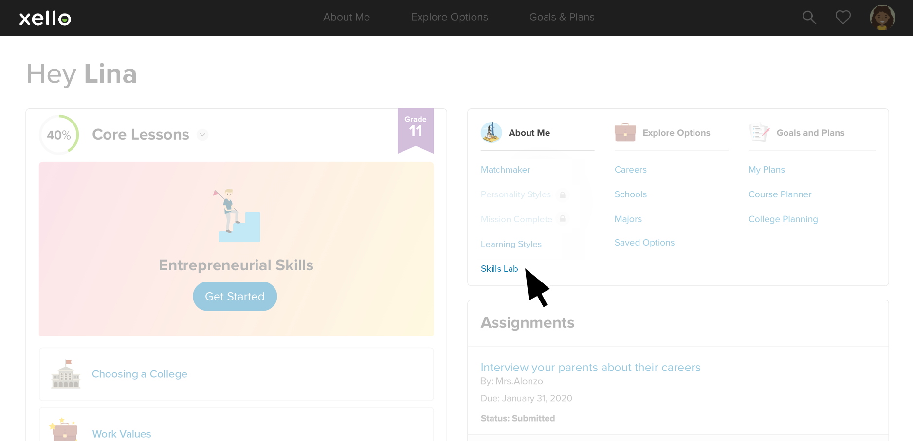 Computer mouse hovering over Get Started on the Student Dashboard